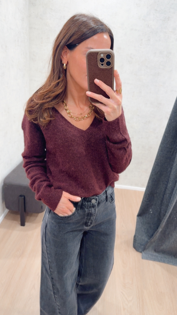 Pull col V bordeaux Yaya