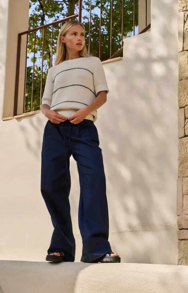 Pull m/courte beige ligné