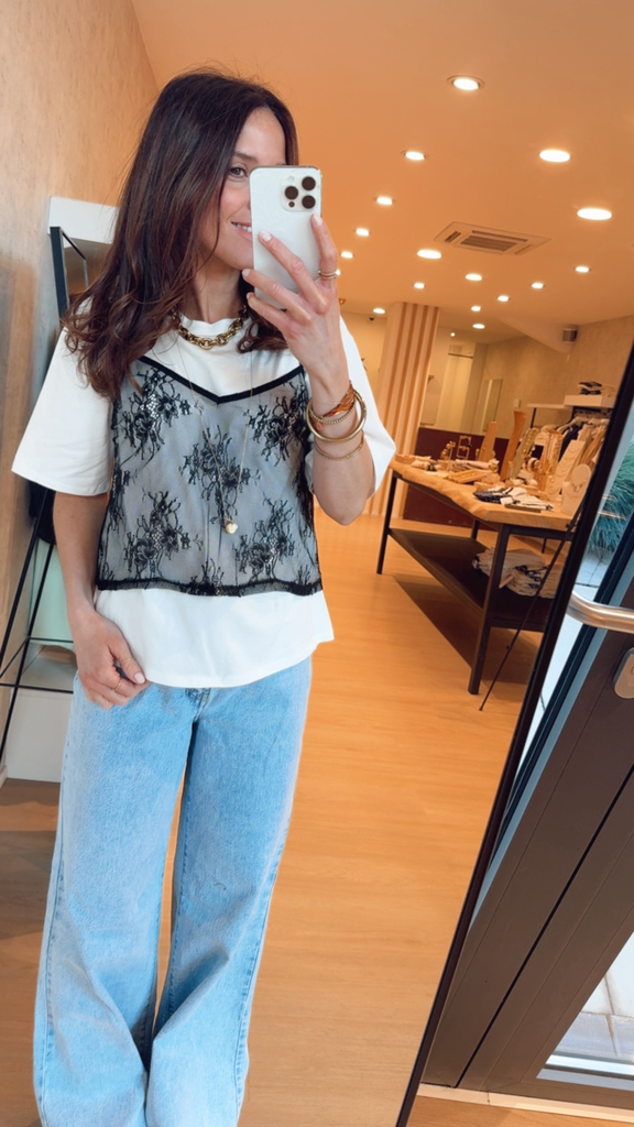 Top blanc dentelle noir