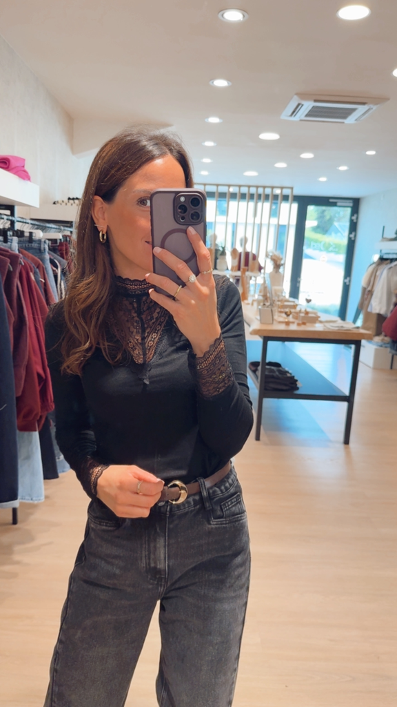 Top en maille & dentelle noir (L)