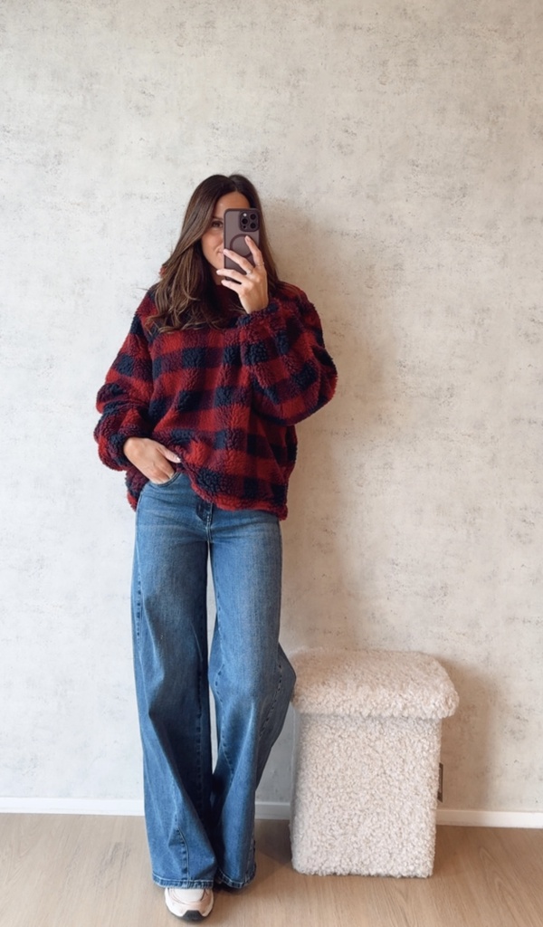 Veste demi-zipé carreaux bordeaux bleu