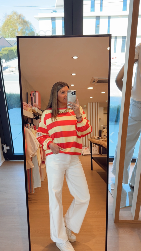 Sweat ligné jaune/rouge